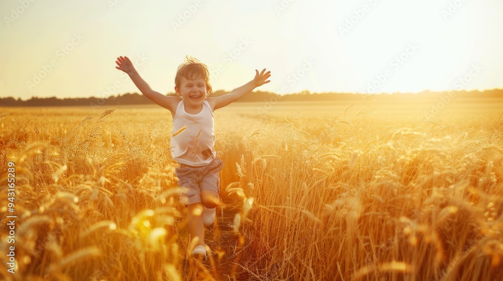 A joyful child runs with open arms through a golden wheat field, basking in the warm glow of the setting sun, epitomizing freedom and happiness. A joyful child runs with open arms through a golden wheat field, basking in the warm glow of the setting sun, epitomizing freedom and happiness.