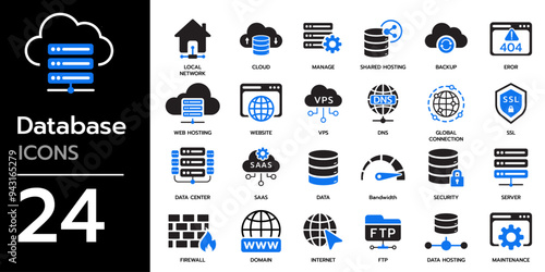Database vector icon set. Data storage on web server , cloud computing, server, domain, firewall, internet, FTP, database, SSL, data hosting