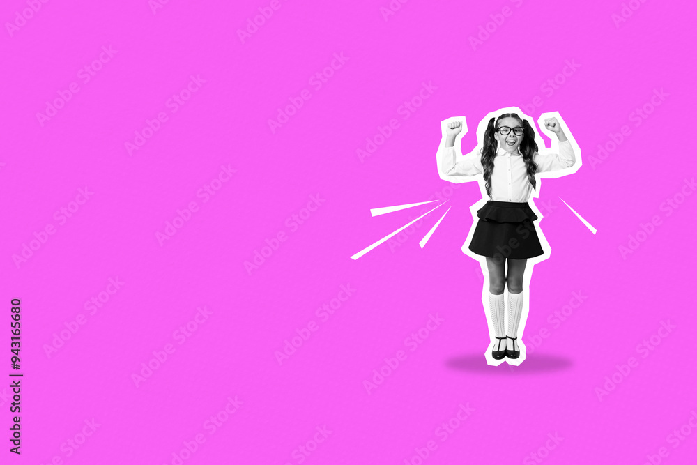 Composite photo collage of happy schoolgirl jump uniform ponytails back september study education fall isolated on painted background Composite photo collage of happy schoolgirl jump uniform ponytails back september study education fall isolated on painted background