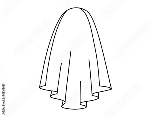 Hand drawn cute outline illustration of white wedding veil. Flat vector bridal ceremony cloth line art sticker doodle. Propose or marriage wear. Valentine's Day love icon. Vow and promise. Isolated.