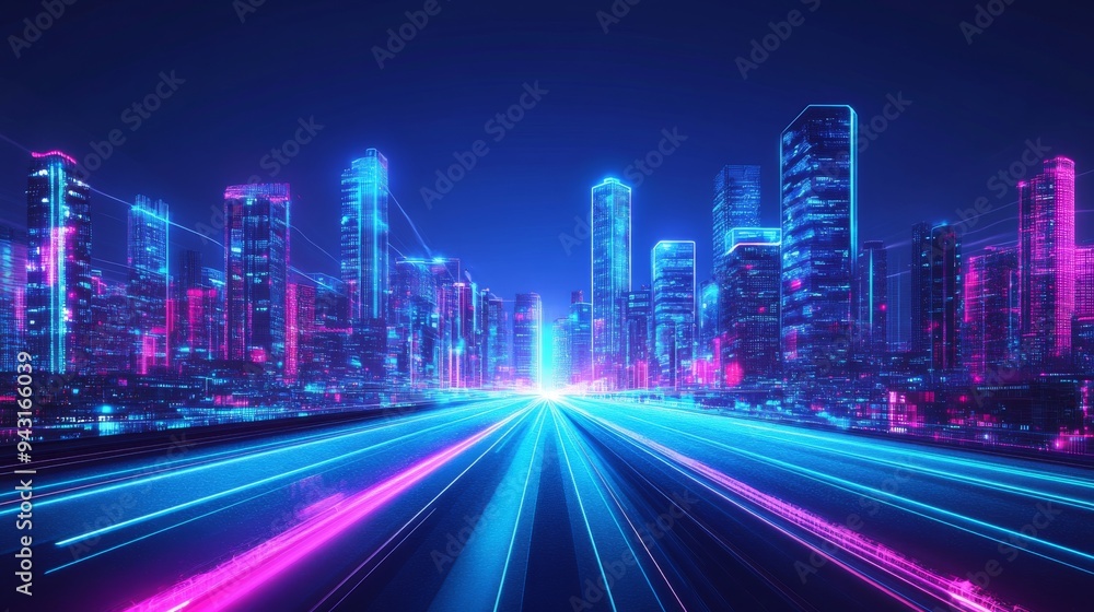 Fototapeta premium Futuristic cityscape with neon lights and skyscrapers at night, creating an abstract background of speed lines on the road