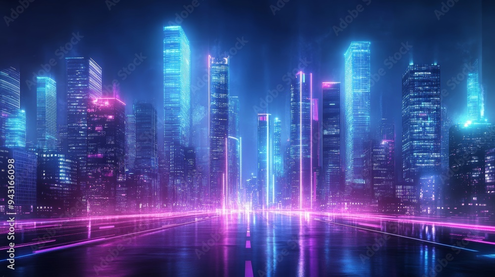 Futuristic cityscape with neon lights and skyscrapers at night, creating an abstract background of speed lines on the road Futuristic cityscape with neon lights and skyscrapers at night, creating an abstract background of speed lines on the road