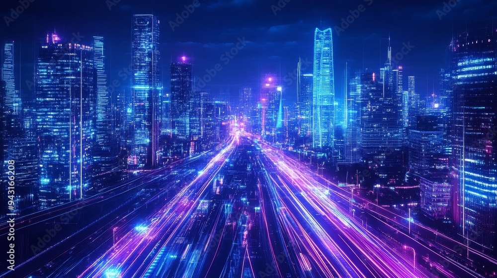 Futuristic cityscape with neon lights and skyscrapers at night, creating an abstract background of speed lines on the road Futuristic cityscape with neon lights and skyscrapers at night, creating an abstract background of speed lines on the road