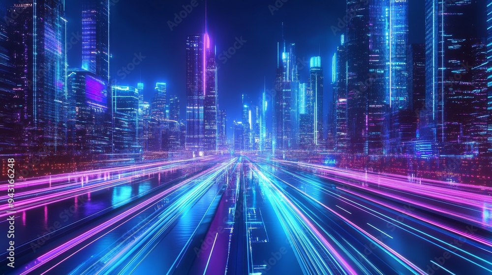 Futuristic cityscape with neon lights and skyscrapers at night, creating an abstract background of speed lines on the road Futuristic cityscape with neon lights and skyscrapers at night, creating an abstract background of speed lines on the road