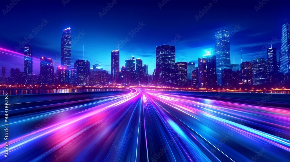 Futuristic cityscape with neon lights and skyscrapers at night, creating an abstract background of speed lines on the road