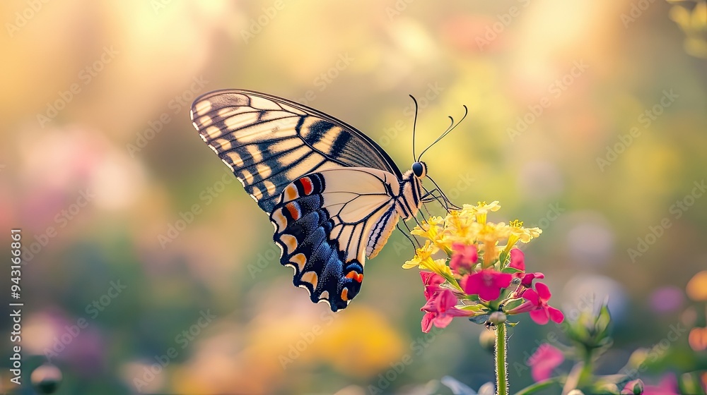 Beautiful butterfly sitting on a bright flower, its intricate wing patterns in sharp focus against a blurred garden backdrop. Beautiful butterfly sitting on a bright flower, its intricate wing patterns in sharp focus against a blurred garden backdrop.