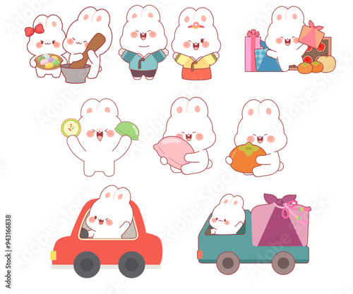 Hangawi, Chuseok, rabbit, full moon, mortar, rice cake, hanbok, character, rabbit, cuteness,