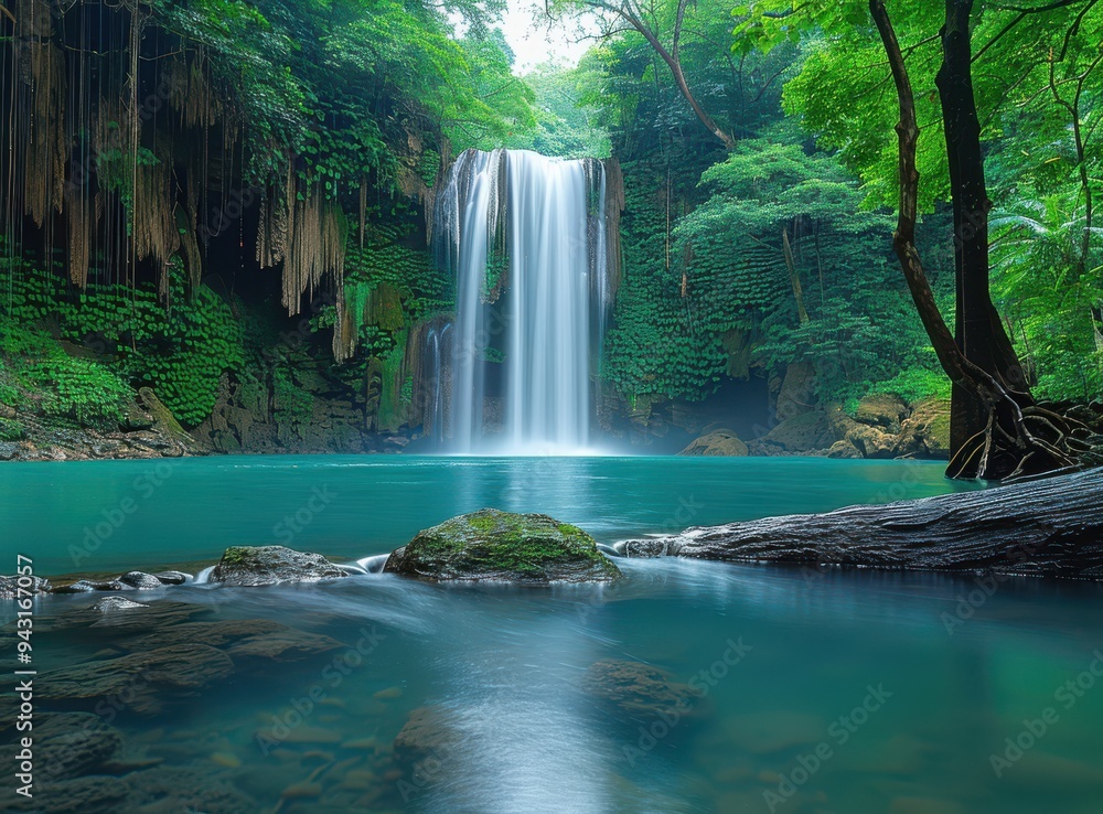 A serene waterfall cascading into crystal clear water surrounded by lush greenery in Milos at dawn A serene waterfall cascading into crystal clear water surrounded by lush greenery in Milos at dawn