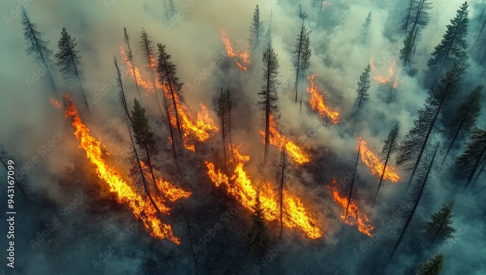 Intense Forest Wildfire in Dense Woodland with Smoking Trees During Daytime Intense Forest Wildfire in Dense Woodland with Smoking Trees During Daytime