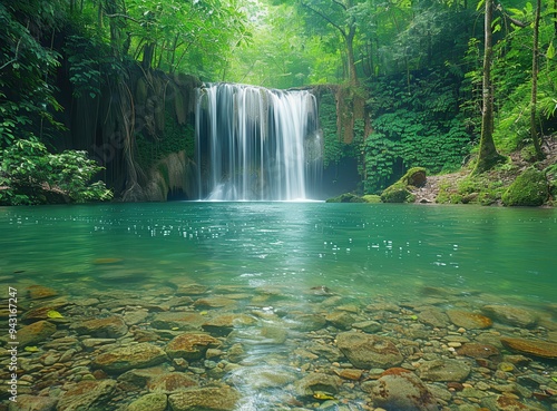 A tranquil waterfall flowing into clear turquoise waters in Milos, surrounded by lush greenery and vibrant foliage photo