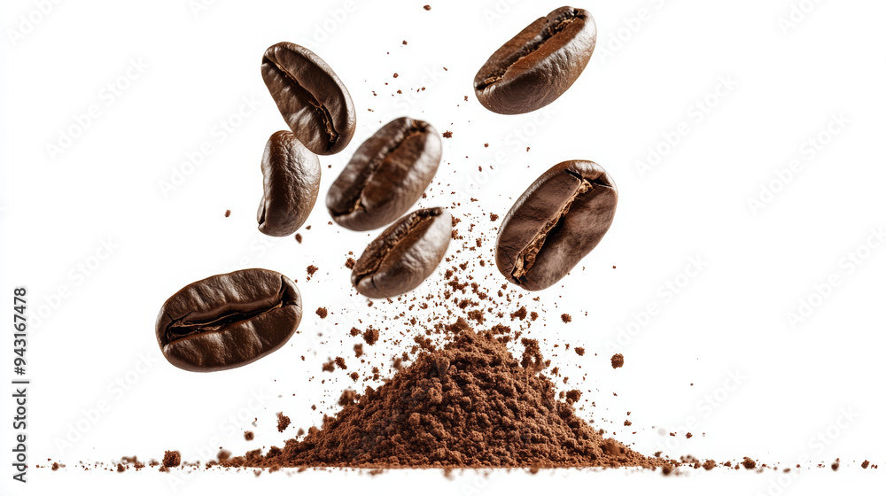Imagine a dynamic scene with coffee beans and coffee powder gracefully falling in mid-air against a crisp white background. Imagine a dynamic scene with coffee beans and coffee powder gracefully falling in mid-air against a crisp white background.