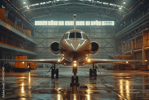 A sleek private jet parked inside a large hangar during the early morning light, ready for its next flight adventure