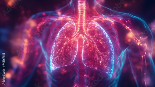 18. **Illustrate a holographic human body with emphasis on the respiratory system, displaying the lungs and airways in a bright, glowing format. The background should be subtle to ensure the photo