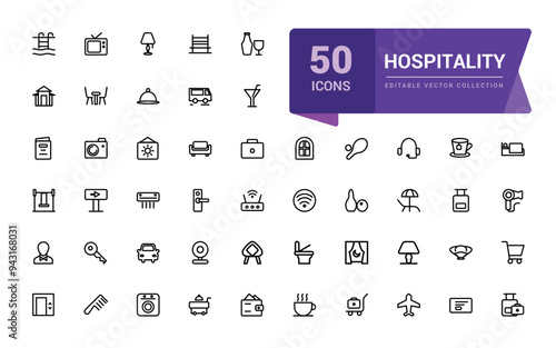 Outline icons of hospitality. Pixel perfect, minimalistic web and UI icon. Outline icons collection. Editable vector illustration.