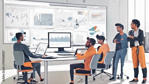 Software Engineers Collaborating, Solving Complex Coding Issues, Using Whiteboard and Large Monitor in a Modern Tech Office