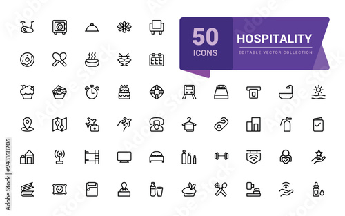 Outline icons of hospitality. Pixel perfect, minimalistic web and UI icon. Outline icons collection. Editable vector illustration.