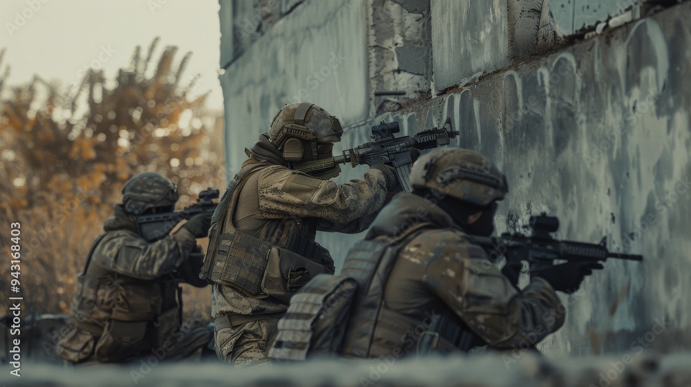 Three soldiers with rifles poised, ready for battle, against the backdrop of a scarred and weathered wall. Three soldiers with rifles poised, ready for battle, against the backdrop of a scarred and weathered wall.