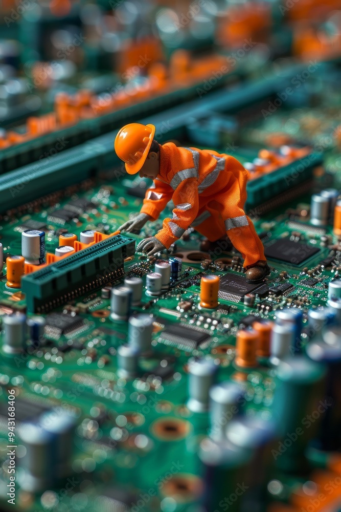 Obraz premium A miniature construction worker repairs electronic components on a colorful circuit board during a creative indoor project