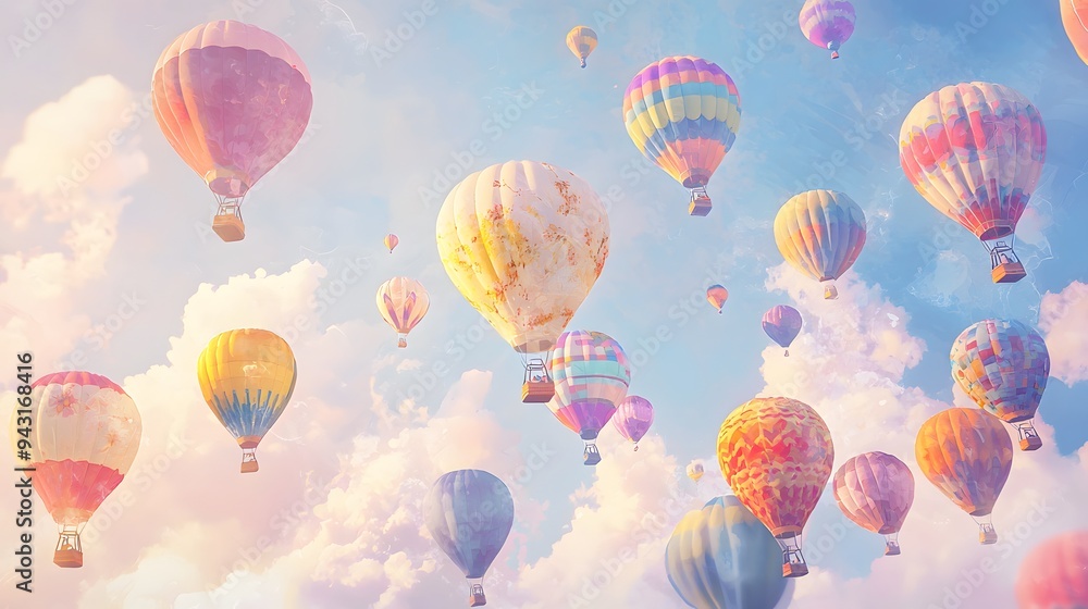 Colorful Hot Air Balloons Floating in a Blue Sky with White Clouds. Colorful Hot Air Balloons Floating in a Blue Sky with White Clouds.