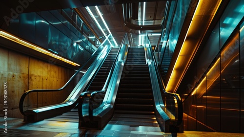 An escalator leads upwards in a modern, dimly-lit station, illuminated by blue and orange lights, creating an almost cinematic feel.