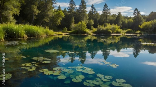 Crystal clear ponds. Reflective water, lush surroundings, mystical atmosphere. Serene and enchanting landscape. photo