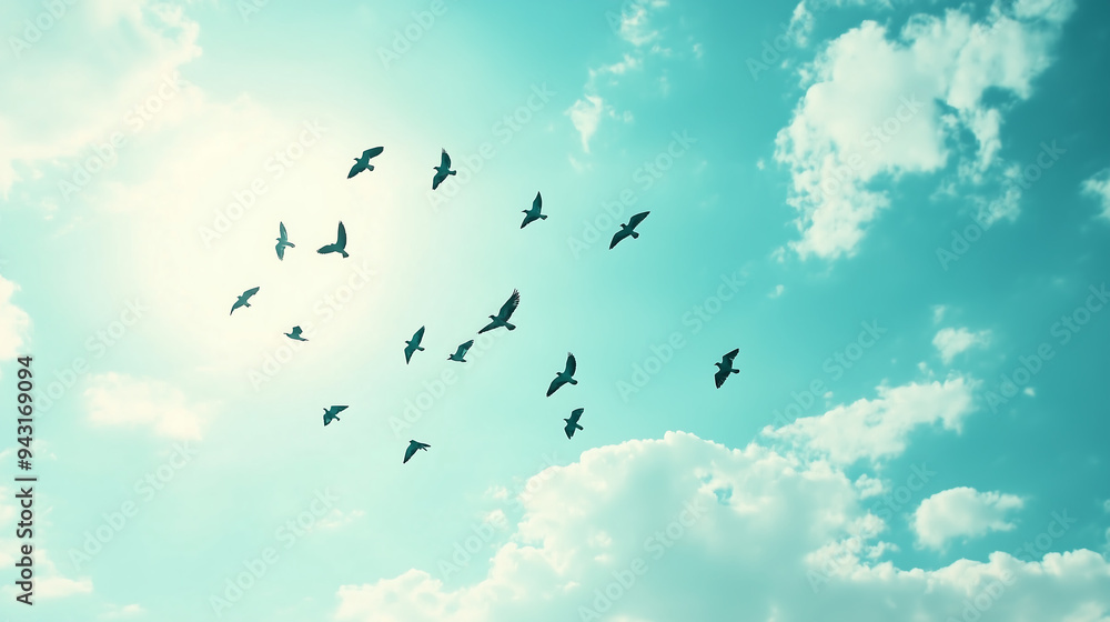 flock of birds flying in the sky, symbolizing freedom and peace, representing self-love after having lost love flock of birds flying in the sky, symbolizing freedom and peace, representing self-love after having lost love