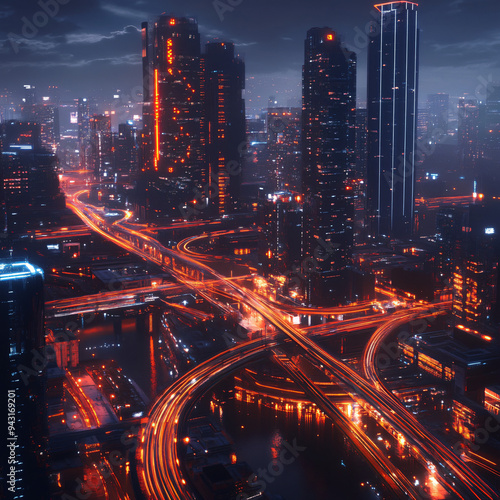 A smart city at night with glowing AI-driven infrastructure.