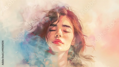 A soft and dreamy illustration of a lady with closed eyes, her hair gently blowing in the wind, rendered in pastel tones with a watercolor effect. 8k UHD, suitable for high-quality printing 