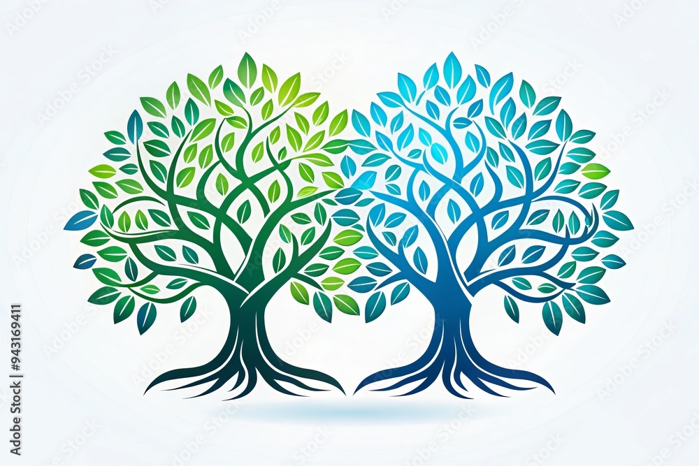 Obraz premium A stylized, modern logo featuring intertwined tree silhouettes in shades of green and blue, set against a clean white background with ample negative space.
