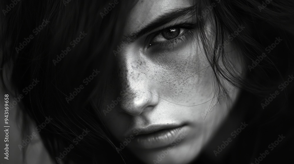 Woman, black and white photography, blurry face, soft hair, soft light, high contrast, mysterious atmosphere, close-up portrait, soft focus, blurred background, delicate texture of skin Woman, black and white photography, blurry face, soft hair, soft light, high contrast, mysterious atmosphere, close-up portrait, soft focus, blurred background, delicate texture of skin