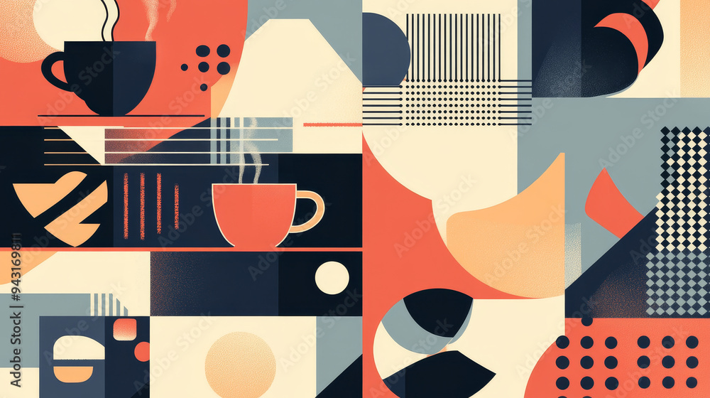 A geometric coffee pattern design featuring various stylized coffee-related elements arranged in a repetitive, seamless vector pattern. A geometric coffee pattern design featuring various stylized coffee-related elements arranged in a repetitive, seamless vector pattern.