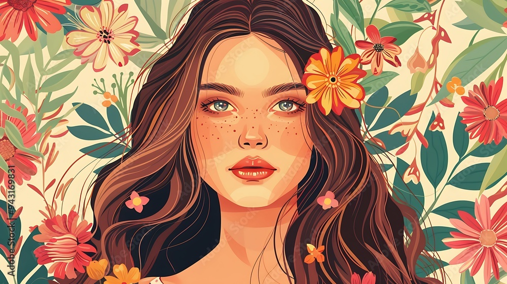 An elegant portrait illustration of a lady with long, wavy hair adorned with flowers, wearing a serene expression and surrounded by delicate floral patterns. 8k UHD, suitable for high-quality An elegant portrait illustration of a lady with long, wavy hair adorned with flowers, wearing a serene expression and surrounded by delicate floral patterns. 8k UHD, suitable for high-quality