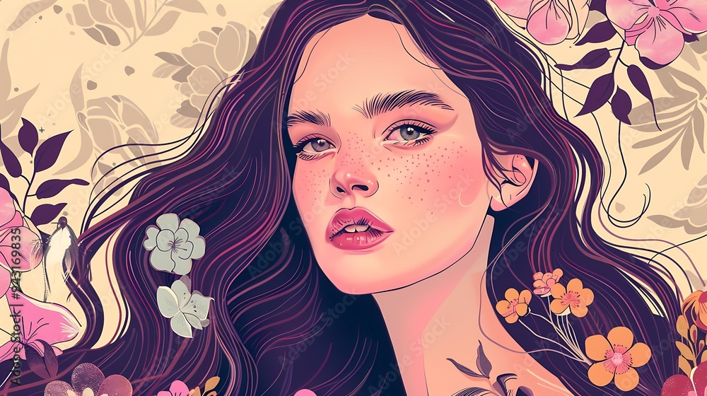 An elegant portrait illustration of a lady with long, wavy hair adorned with flowers, wearing a serene expression and surrounded by delicate floral patterns. 8k UHD, suitable for high-quality An elegant portrait illustration of a lady with long, wavy hair adorned with flowers, wearing a serene expression and surrounded by delicate floral patterns. 8k UHD, suitable for high-quality