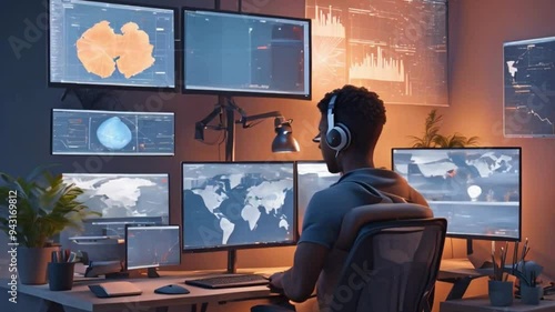 A 3D visualization of a software engineer's workspace, with multiple monitors showing real-time global network diagnostics and customer support chats