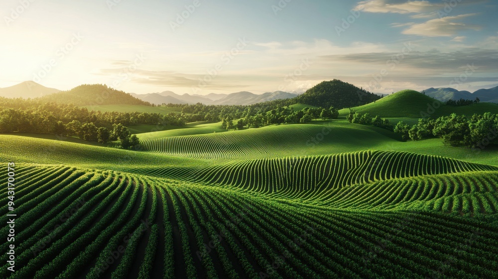 A serene landscape of rolling green hills under a clear sky at sunset, showcasing the beauty of nature and agricultural patterns. A serene landscape of rolling green hills under a clear sky at sunset, showcasing the beauty of nature and agricultural patterns.