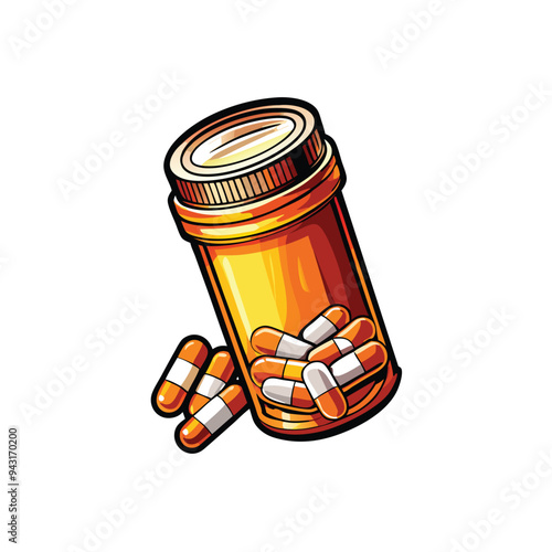 Vector illustration of an orange pill bottle with a partial lid and pills spilling out.