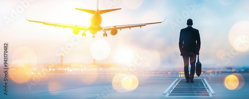 Traveler boarding a plane, close up, focus on boarding steps, copy space, clean and bright tones, double exposure silhouette with the airplane in flight. photo