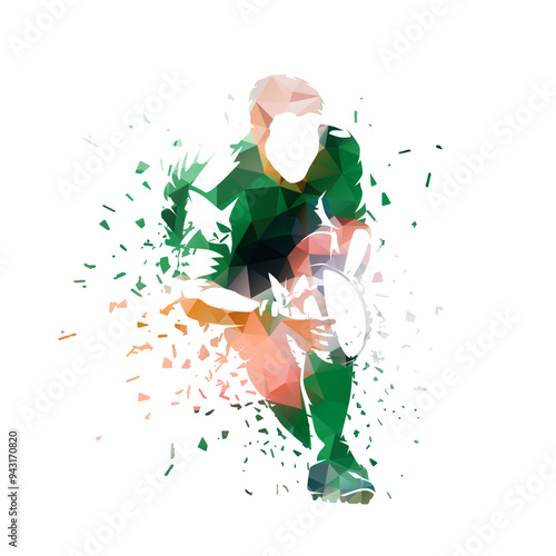 Rugby player running with ball, low poly isolated vector illustration. Rugby logo