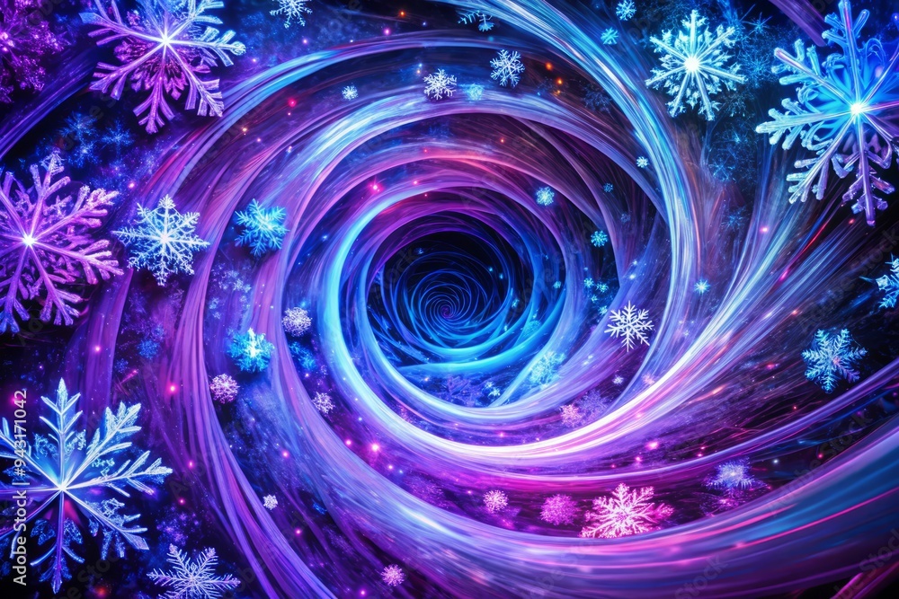 photo image of swirling purple and blue neon lights amidst icy winter snowflakes, forming an abstract vortex of frozen beauty photo image of swirling purple and blue neon lights amidst icy winter snowflakes, forming an abstract vortex of frozen beauty