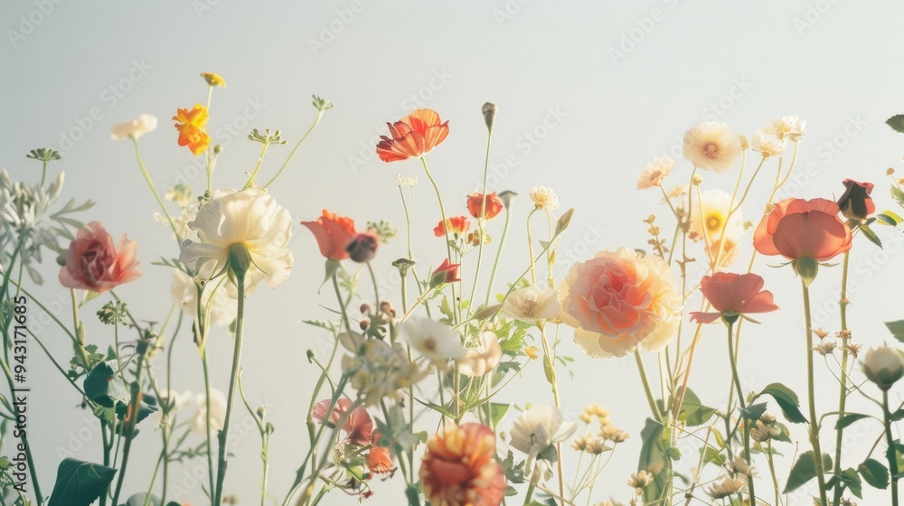 Fototapeta premium A diverse array of vibrant flowers reach skyward, bathed in soft sunlight, epitomizing the beauty and elegance of a spring meadow.
