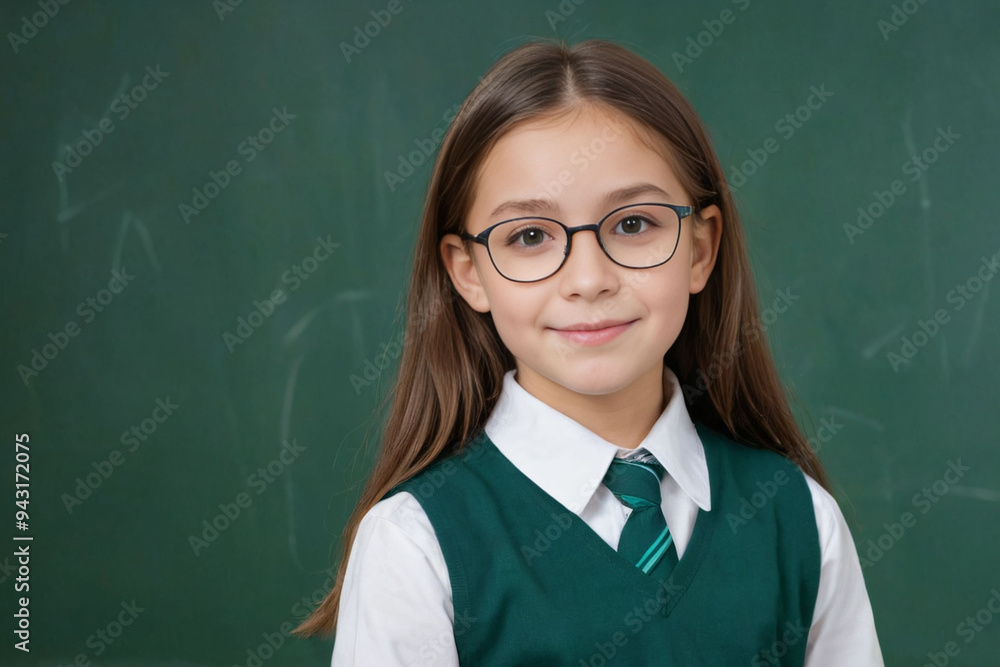 School girl in glasses and uniform against the background of a school board with space to add text, back to school concept School girl in glasses and uniform against the background of a school board with space to add text, back to school concept