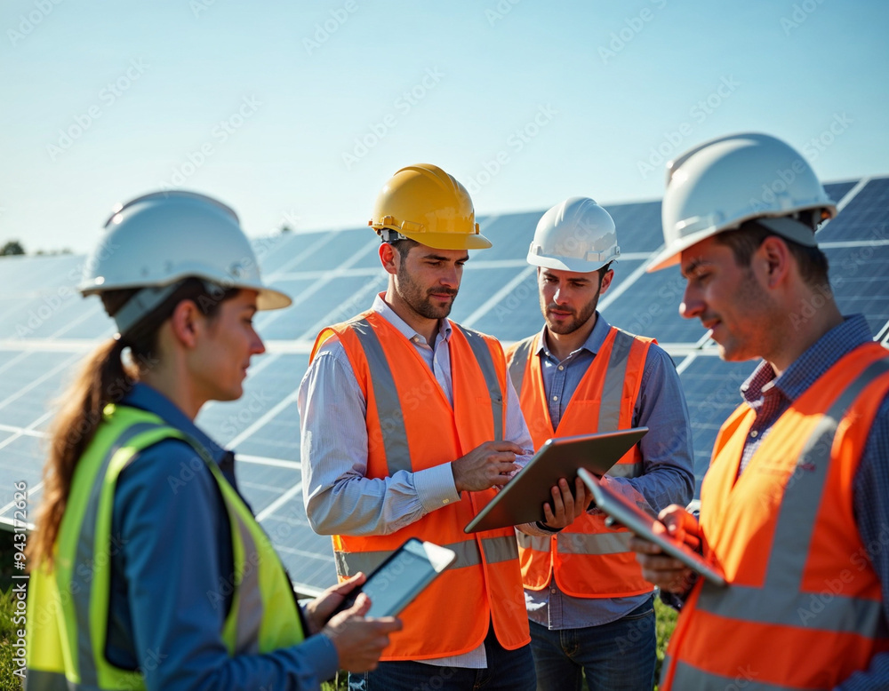 Engineers analyzing data in front of a large solar panel array on a sunny day, showcasing technology and sustainability, with space for text.
Engineers analyzing data in front of a large solar panel array on a sunny day, showcasing technology and sustainability, with space for text.