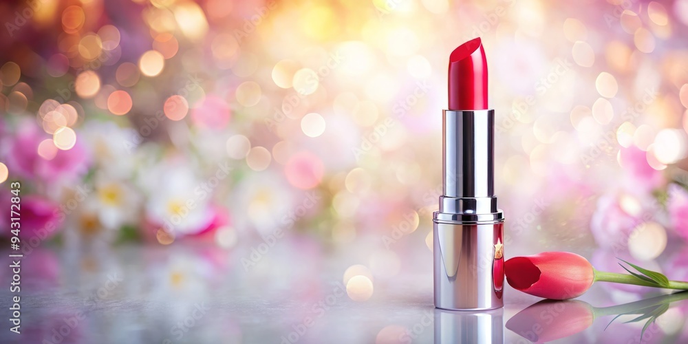 A vibrant red lipstick stands upright on a soft, blurred background of pastel hues, subtly gradating from pale pink to lavender, evoking a sense of elegance. A vibrant red lipstick stands upright on a soft, blurred background of pastel hues, subtly gradating from pale pink to lavender, evoking a sense of elegance.