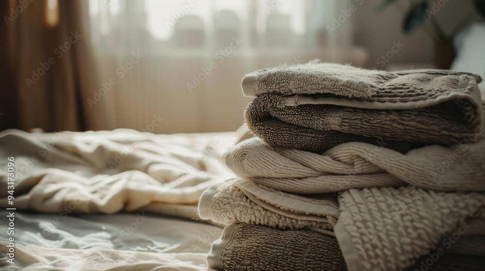 A stack of cozy, knitted sweaters on a bed in a warmly lit room, evoking comfort and tranquility. A stack of cozy, knitted sweaters on a bed in a warmly lit room, evoking comfort and tranquility.