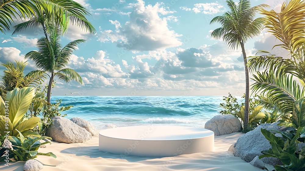 Fototapeta premium A tropical beach scene features a white podium for product display, set against the backdrop of ocean and palm trees.