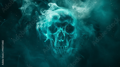 A ghostly skull composed of teal smoke, fading into the background. Background: abstract dark void with wisps of smoke, subtle starry patterns. photo