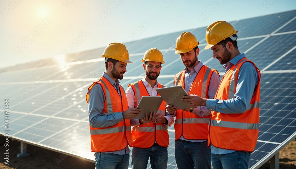 Engineers analyzing data in front of a large solar panel array on a sunny day, showcasing technology and sustainability, with space for text.
Engineers analyzing data in front of a large solar panel array on a sunny day, showcasing technology and sustainability, with space for text.