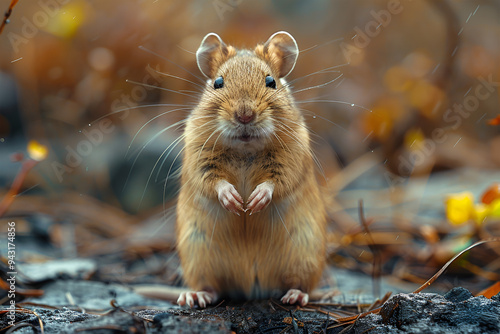 Brown rat (Rattus norvegicus) looking at camera. Common rodent foraging amongst plants in botanic garden, with impressive whiskers photo