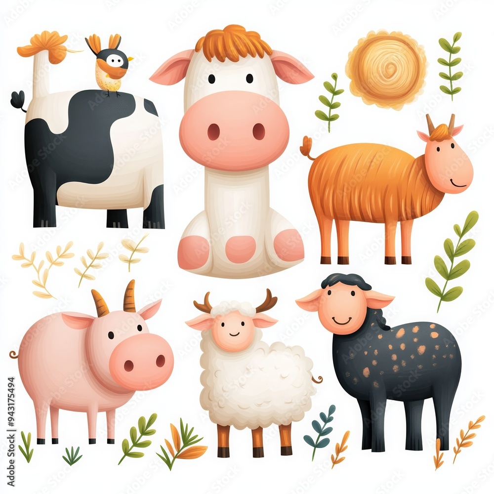 Obraz premium Cute cartoon farm animals illustration with cow, pig, sheep, goat, alpaca, and hen. Perfect for children's books and educational materials.