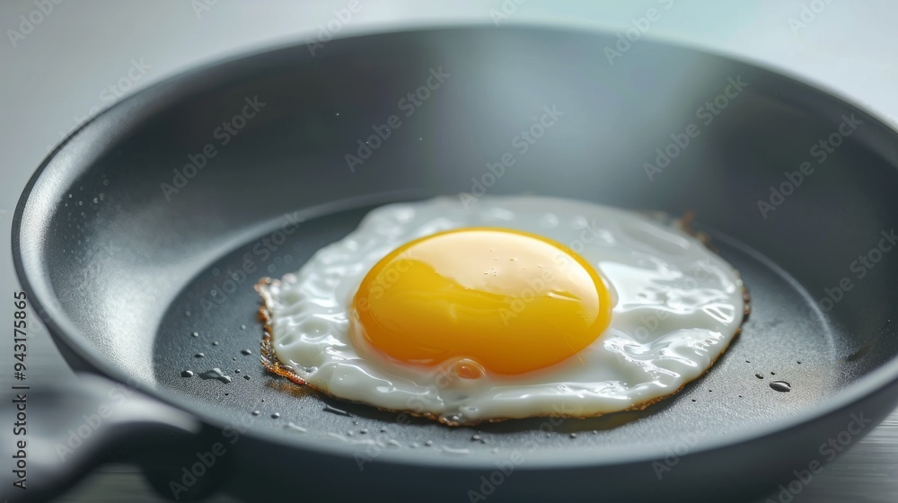 A perfectly cooked sunny-side-up egg sizzles in a black frying pan, showcasing a vibrant, glistening yolk and crispy edges. A perfectly cooked sunny-side-up egg sizzles in a black frying pan, showcasing a vibrant, glistening yolk and crispy edges.